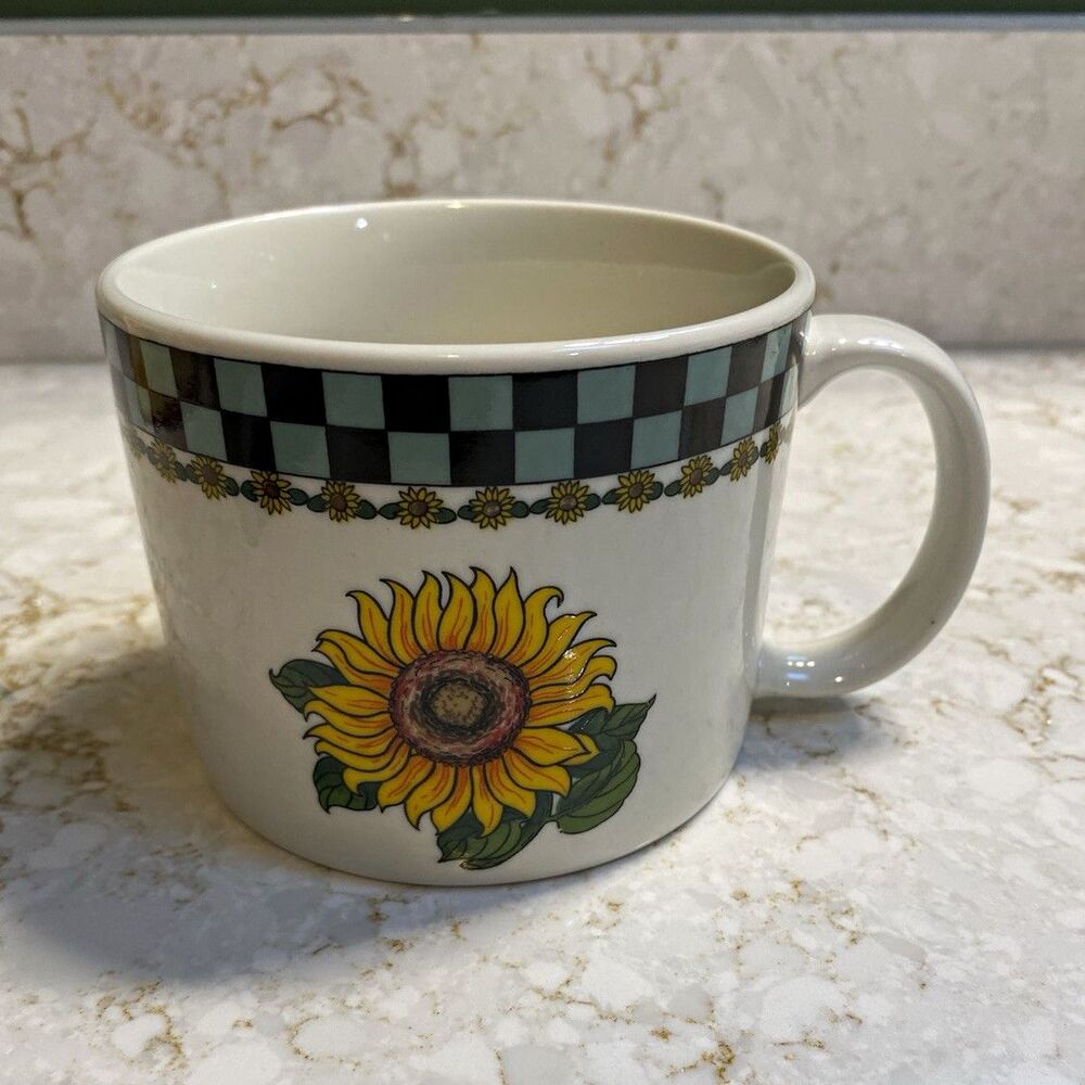 Porcelain Coffee Mug Sunflower Floral Checkered Band 11 fl oz
